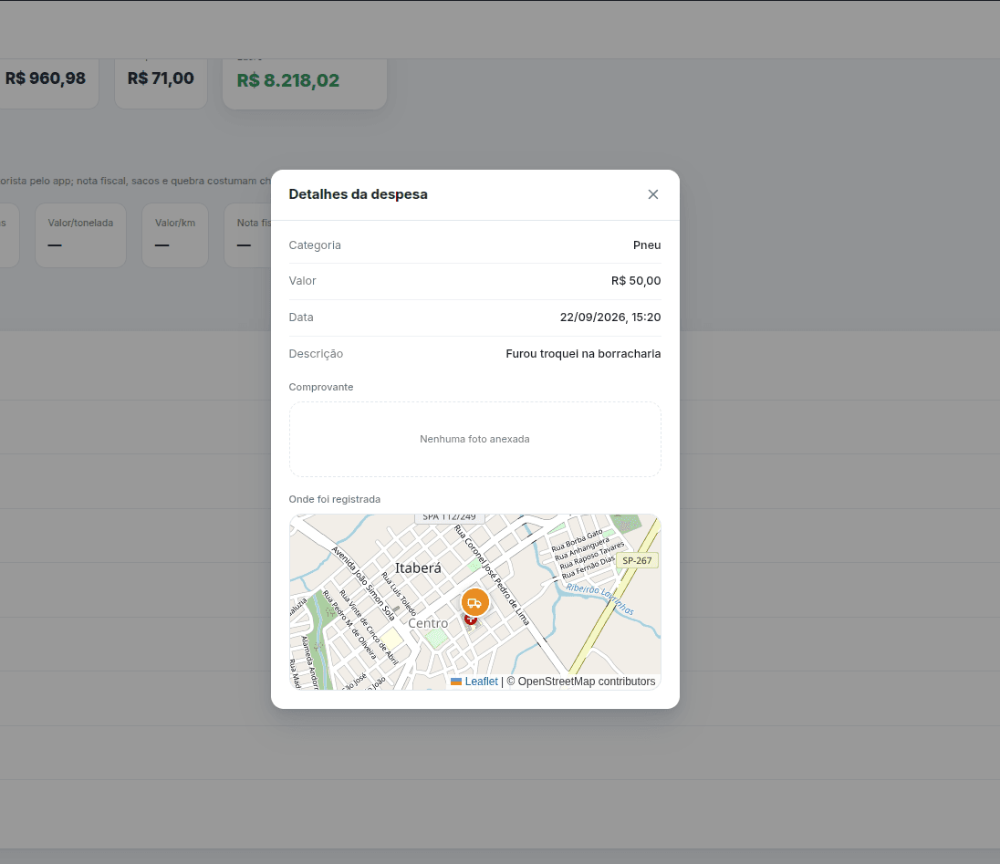 Detalhes de uma despesa no AgroTMS com categoria, valor, data, descrição e mapa de onde foi registrada